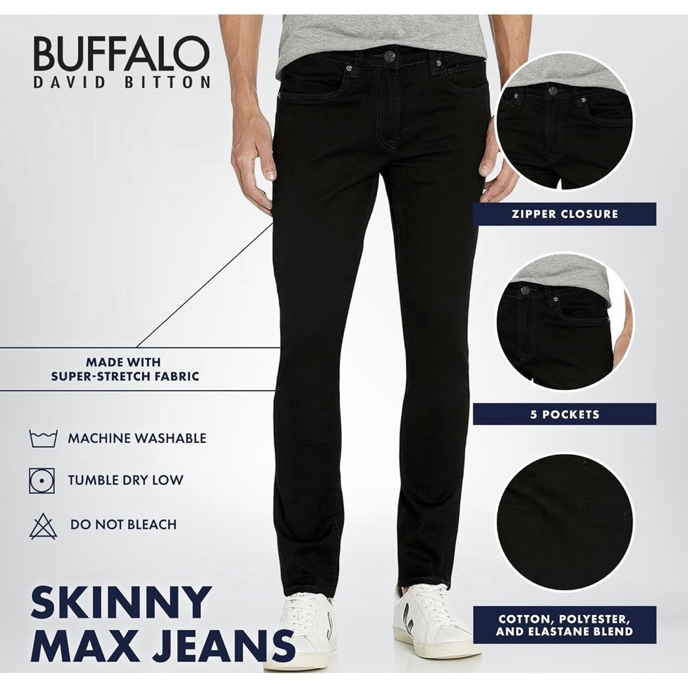 Buffalo David Bitton Skinny Max 33X32 Black Midnight Wax Classic Cowboy Jeans - Picture 5 of 16